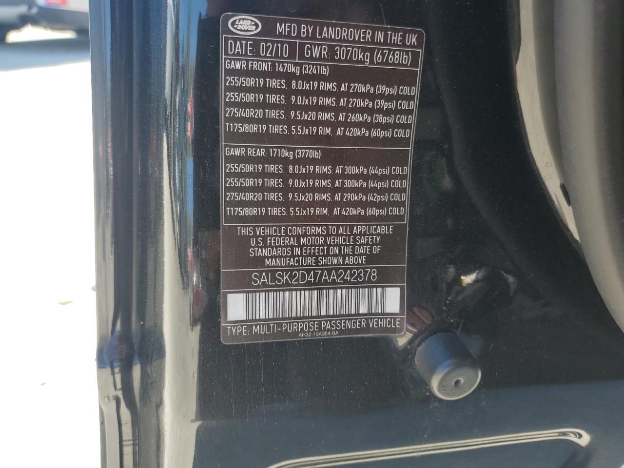 2010 Land Rover Range Rover Sport Lux VIN: SALSK2D47AA242378 Lot: 84023355