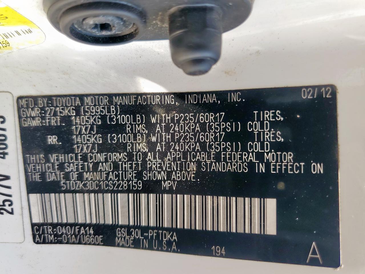 2012 Toyota Sienna VIN: 5TDZK3DC1CS228159 Lot: 81386815