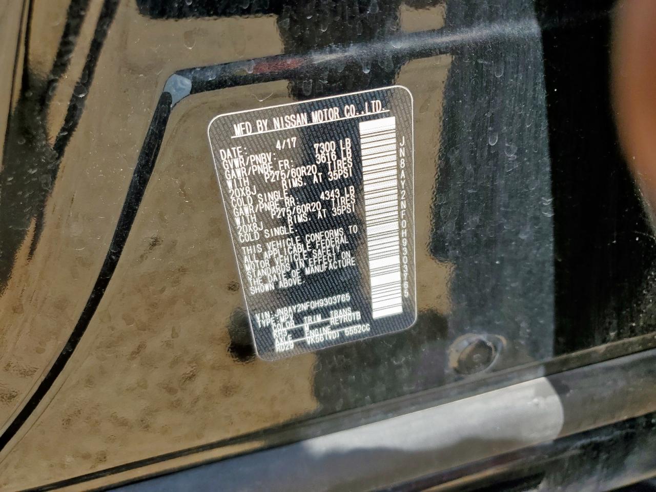 2017 Nissan Armada Platinum VIN: JN8AY2NF0H9303765 Lot: 80704635