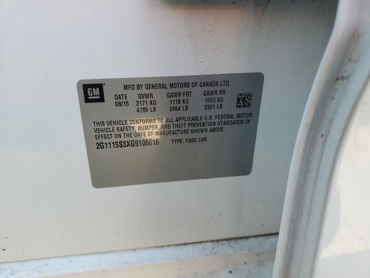 2016 Chevrolet Impala Lt VIN: 2G1115S3XG9106616 Lot: 71692505