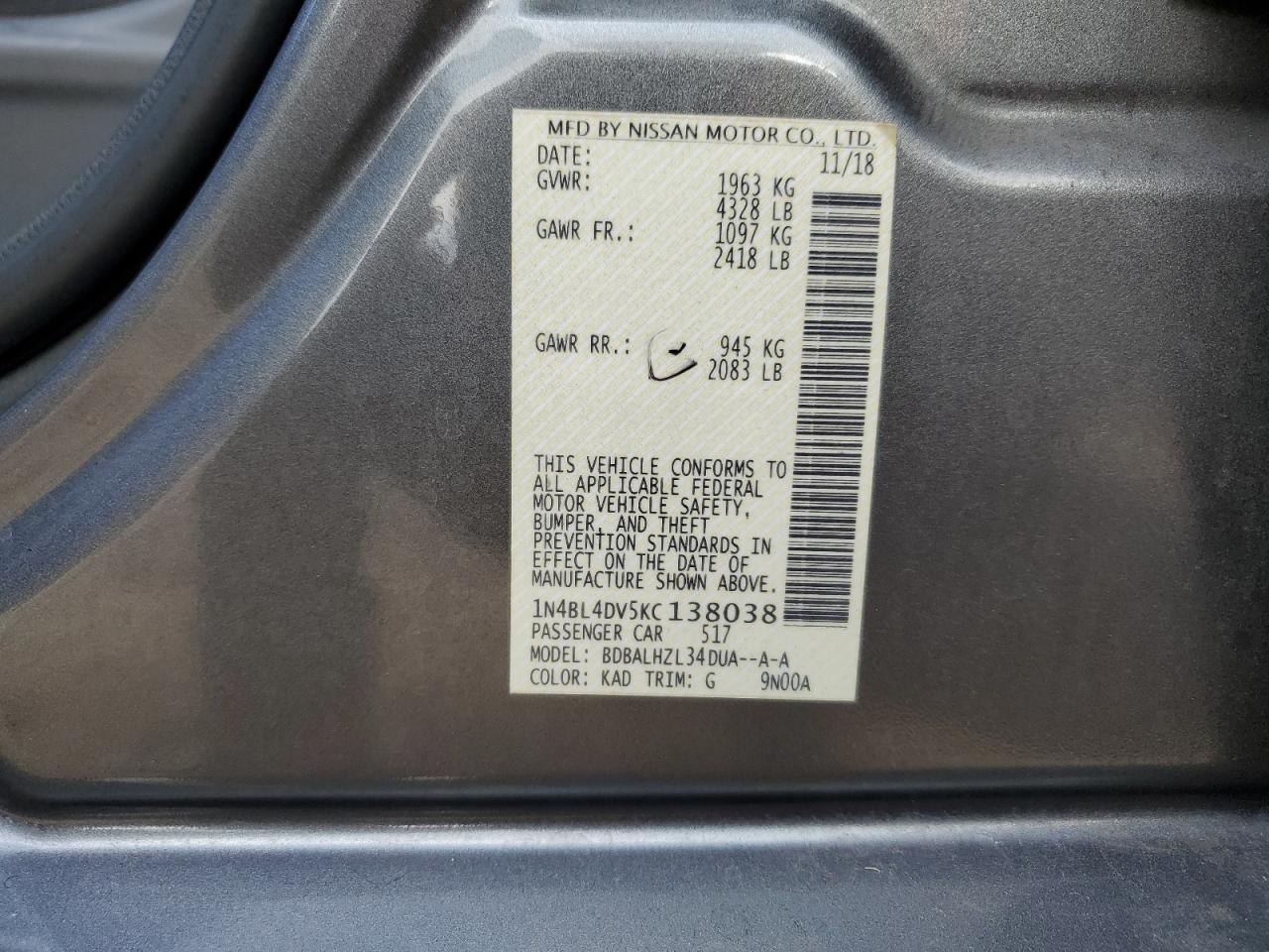 2019 Nissan Altima Sv VIN: 1N4BL4DV5KC138038 Lot: 84266345