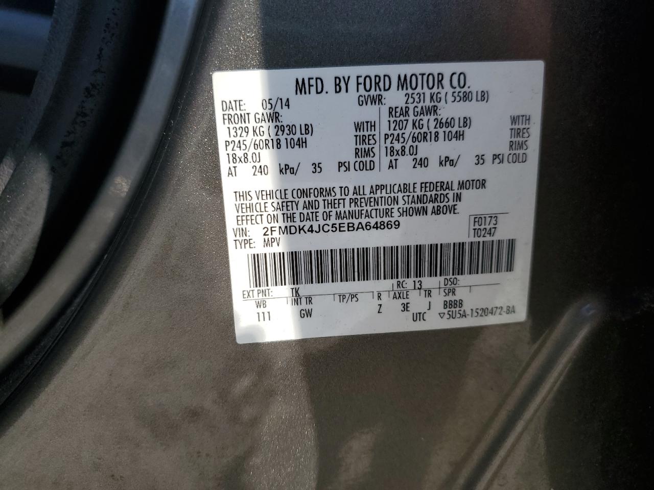 2014 Ford Edge Sel VIN: 2FMDK4JC5EBA64869 Lot: 81719935