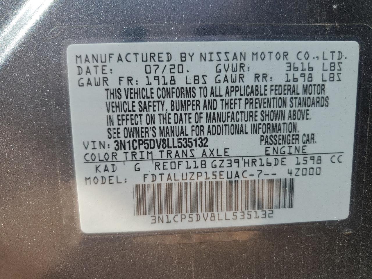 2020 Nissan Kicks Sr VIN: 3N1CP5DV8LL535132 Lot: 80986035