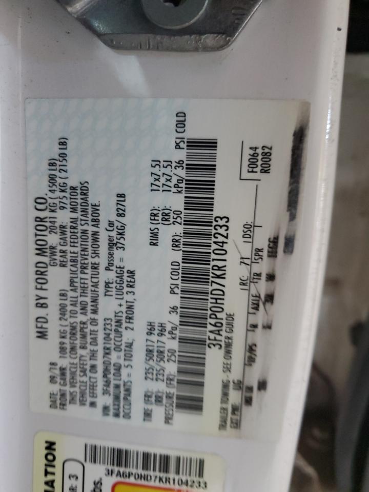 2019 Ford Fusion Se VIN: 3FA6P0HD7KR104233 Lot: 82164645