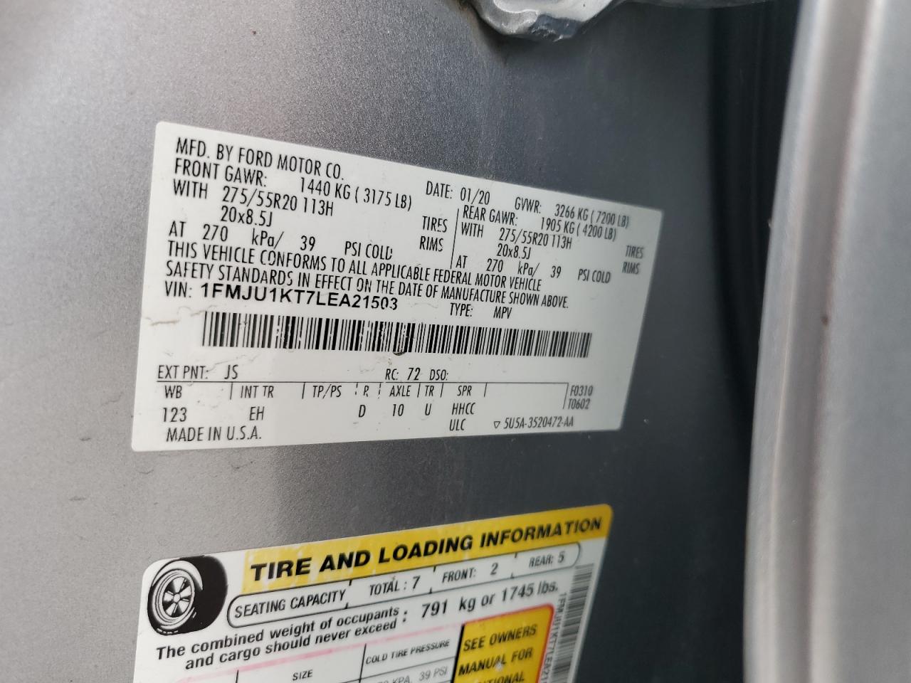 2020 Ford Expedition Limited VIN: 1FMJU1KT7LEA21503 Lot: 83994715