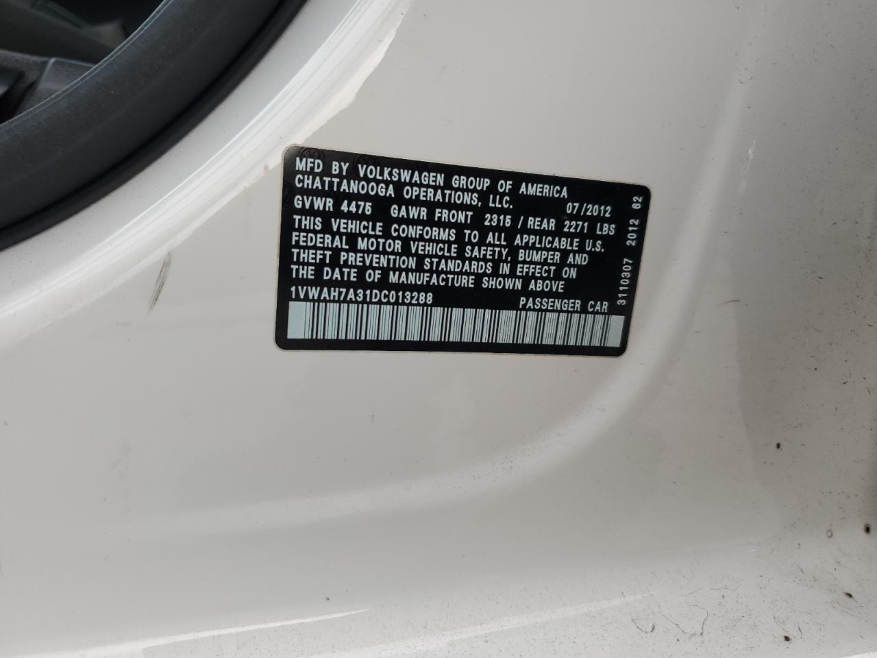 2013 Volkswagen Passat S VIN: 1VWAH7A31DC013288 Lot: 80141455