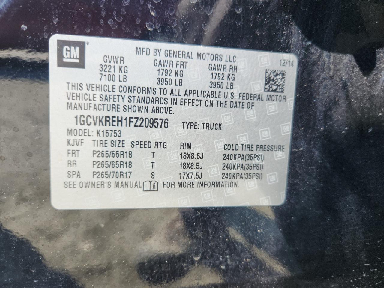 2015 Chevrolet Silverado K1500 Lt VIN: 1GCVKREH1FZ209576 Lot: 71117815