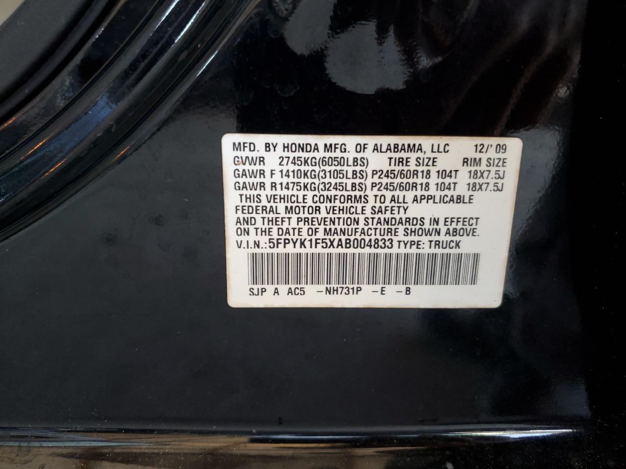 2010 Honda Ridgeline Rtl VIN: 5FPYK1F5XAB004833 Lot: 80703095