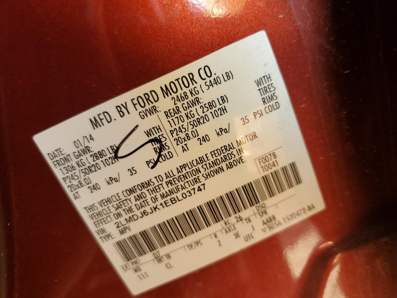 2014 Lincoln Mkx VIN: 2LMDJ6JK1EBL03747 Lot: 80273835