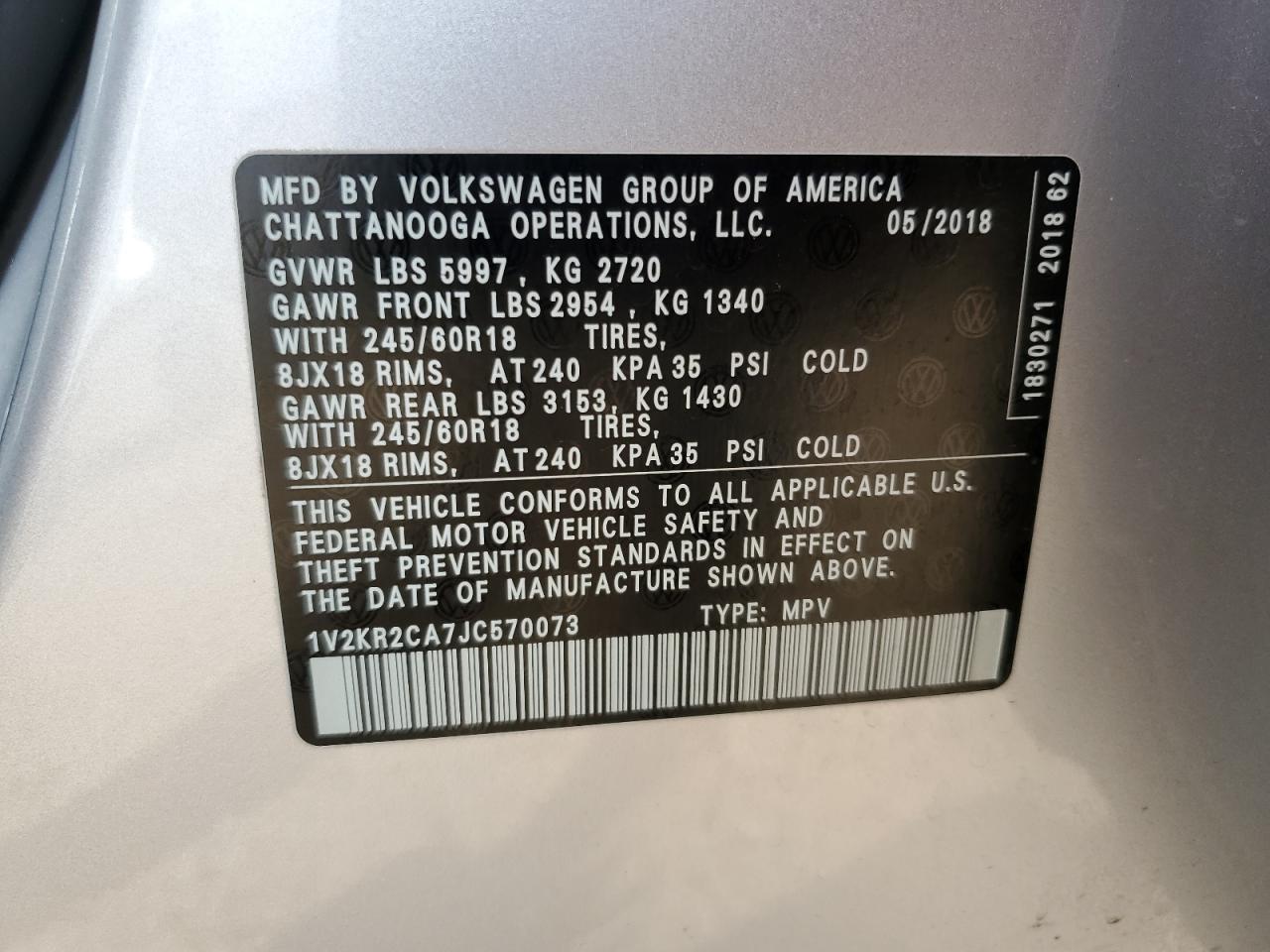 2018 Volkswagen Atlas Se VIN: 1V2KR2CA7JC570073 Lot: 71862805