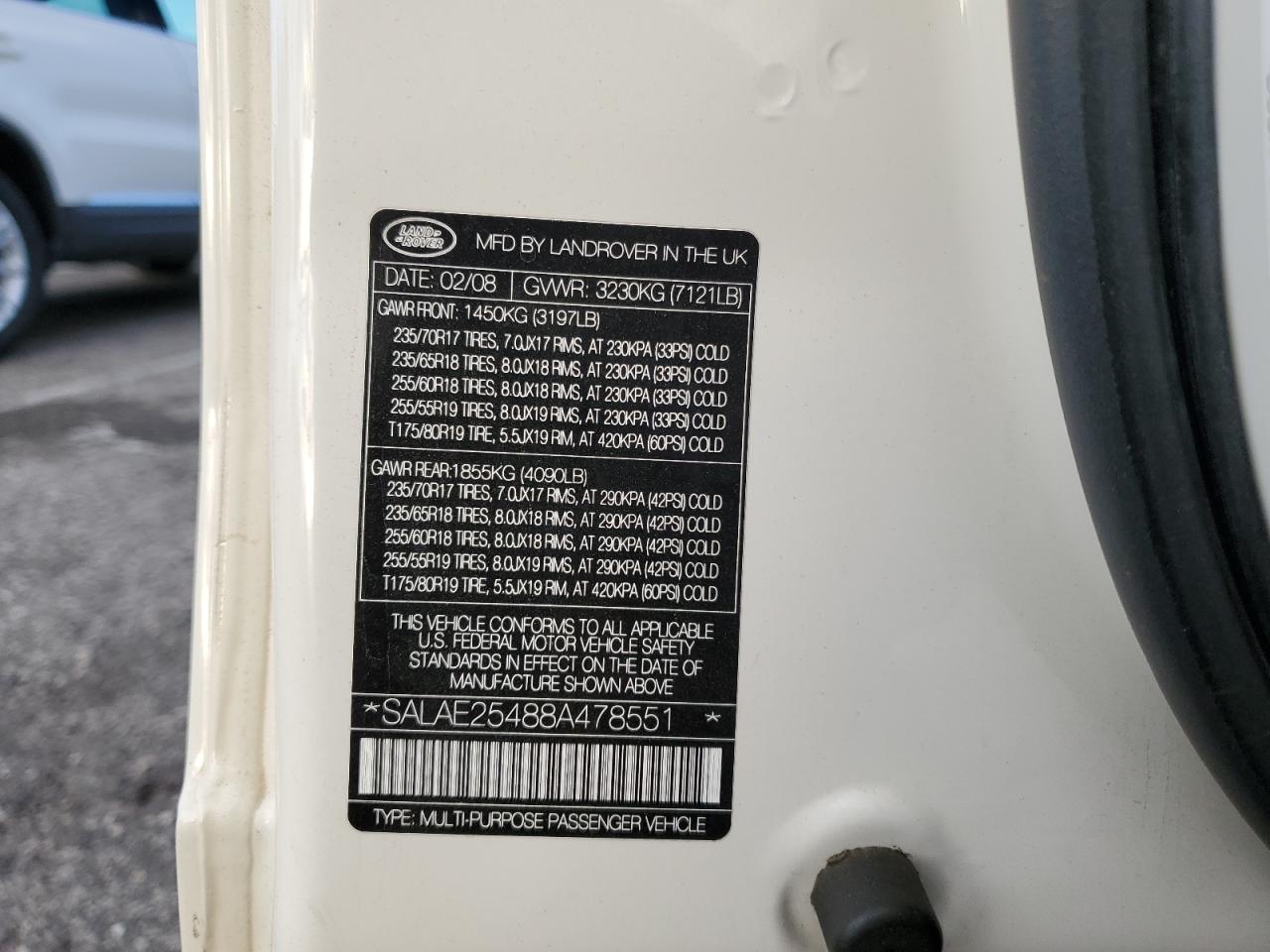2008 Land Rover Lr3 Se VIN: SALAE25488A478551 Lot: 81459025