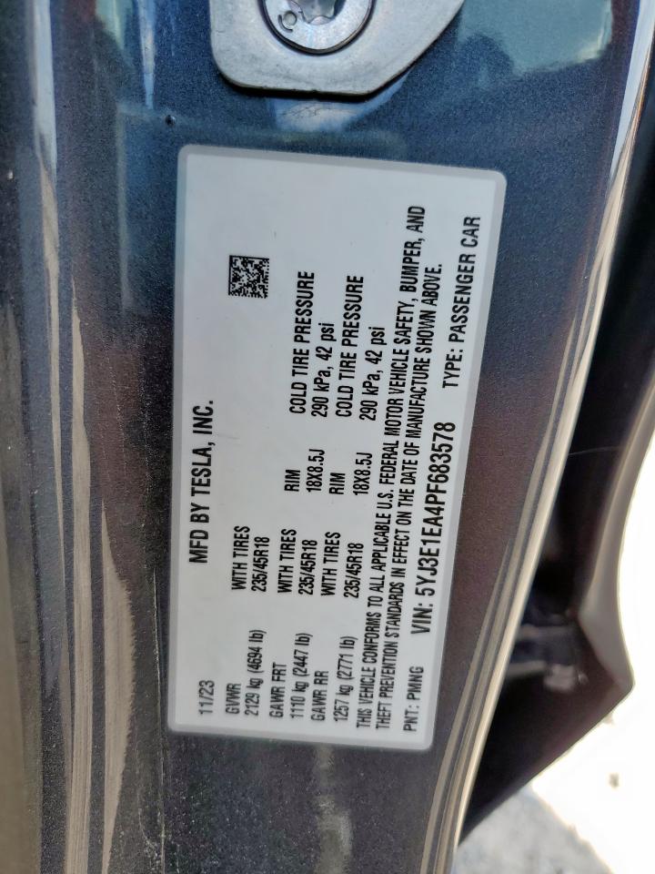 2023 Tesla Model 3 VIN: 5YJ3E1EA4PF683578 Lot: 84447905