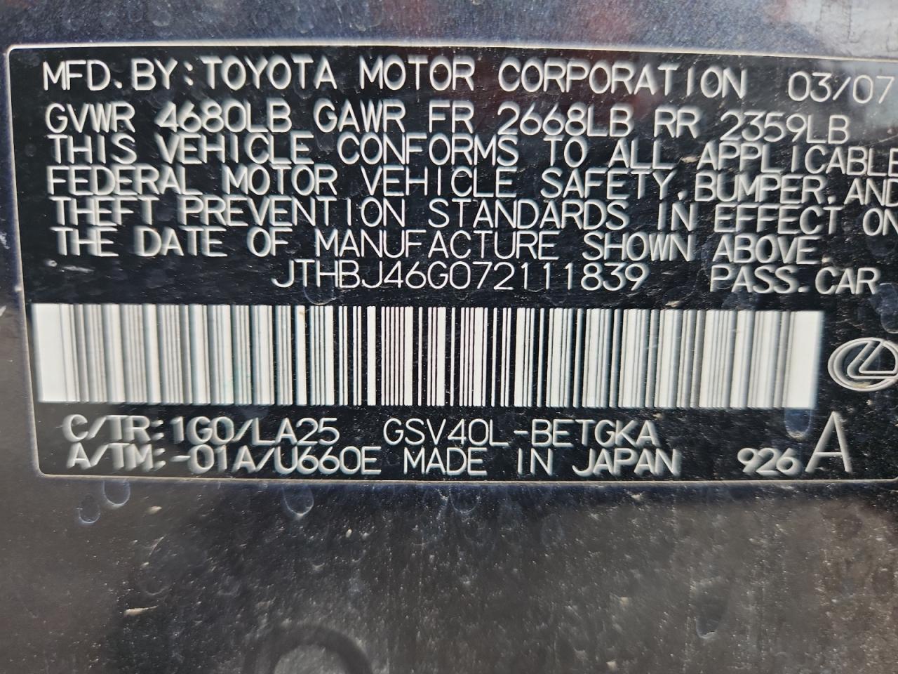 2007 Lexus Es 350 VIN: JTHBJ46G072111839 Lot: 81574095