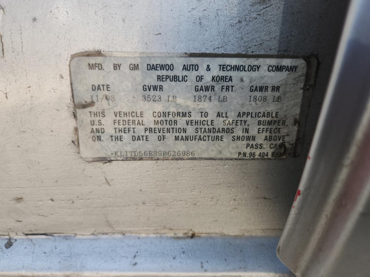 2009 Chevrolet Aveo Ls VIN: KL1TD56E89B626986 Lot: 80158725