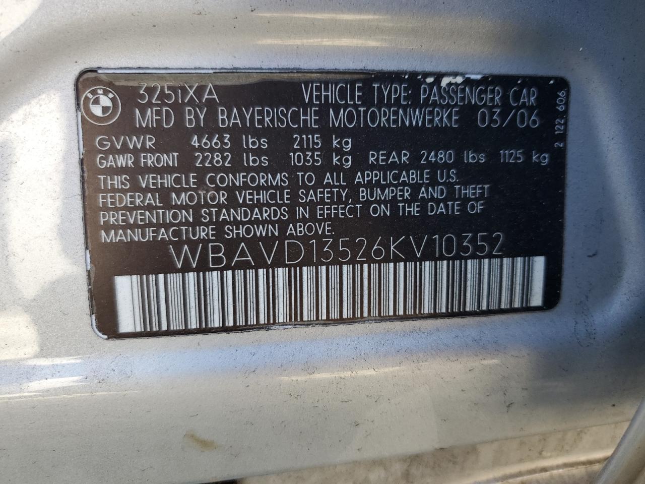 2006 BMW 325 Xi VIN: WBAVD13526KV10352 Lot: 71769245