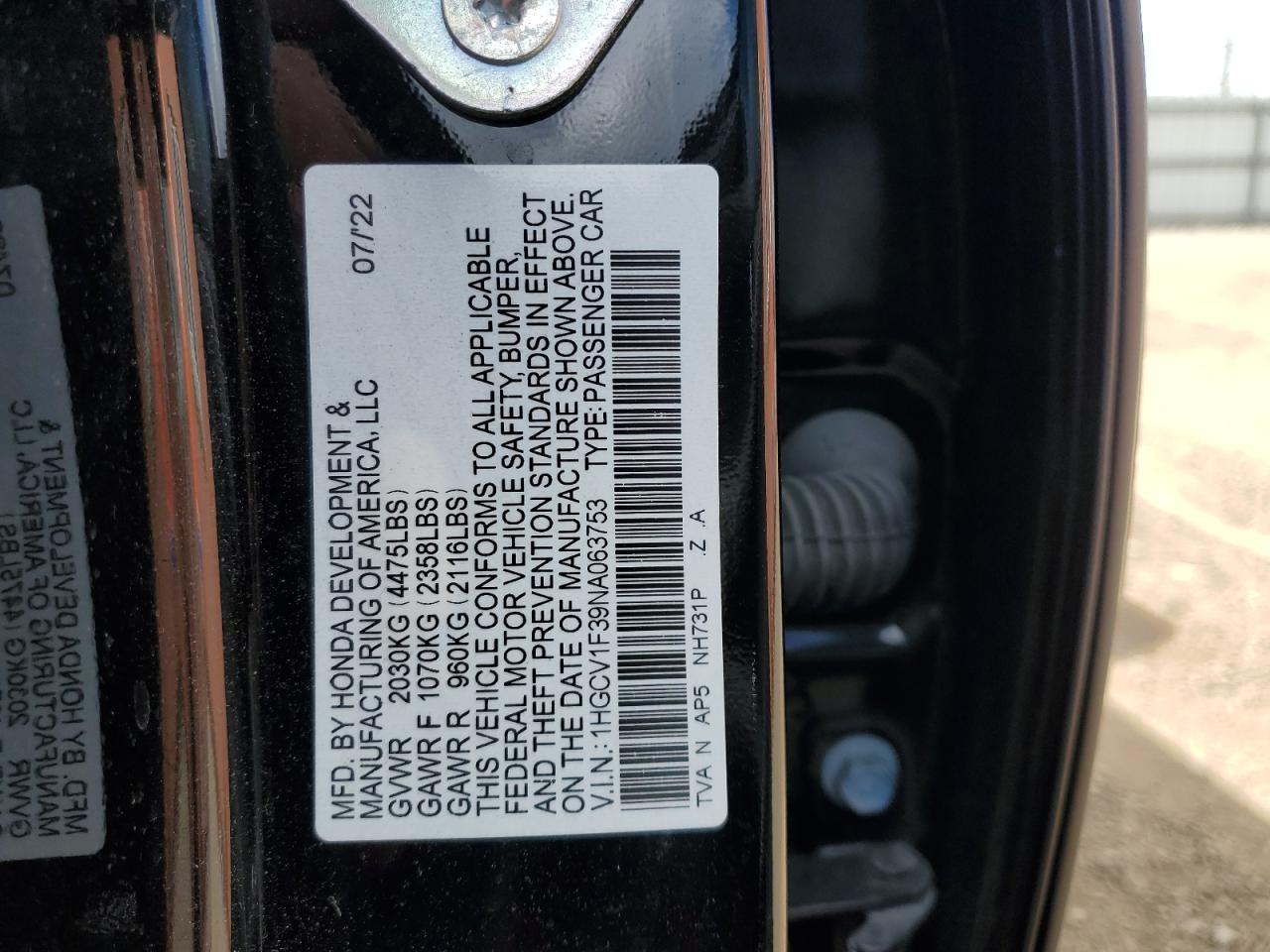 2022 Honda Accord Sport VIN: 1HGCV1F39NA063753 Lot: 71764365
