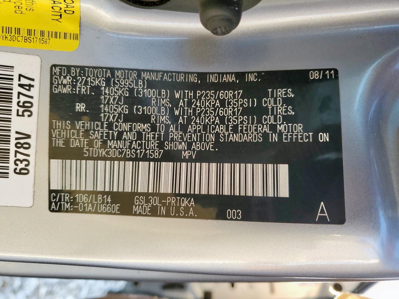 2011 Toyota Sienna Xle VIN: 5TDYK3DC7BS171587 Lot: 81879155