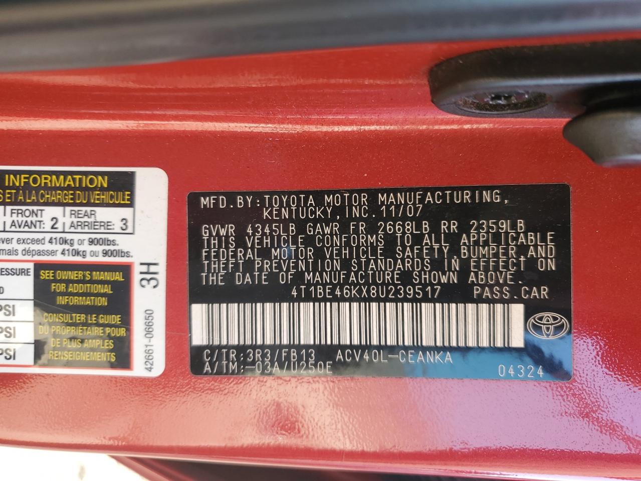 2008 Toyota Camry Ce VIN: 4T1BE46KX8U239517 Lot: 81382865