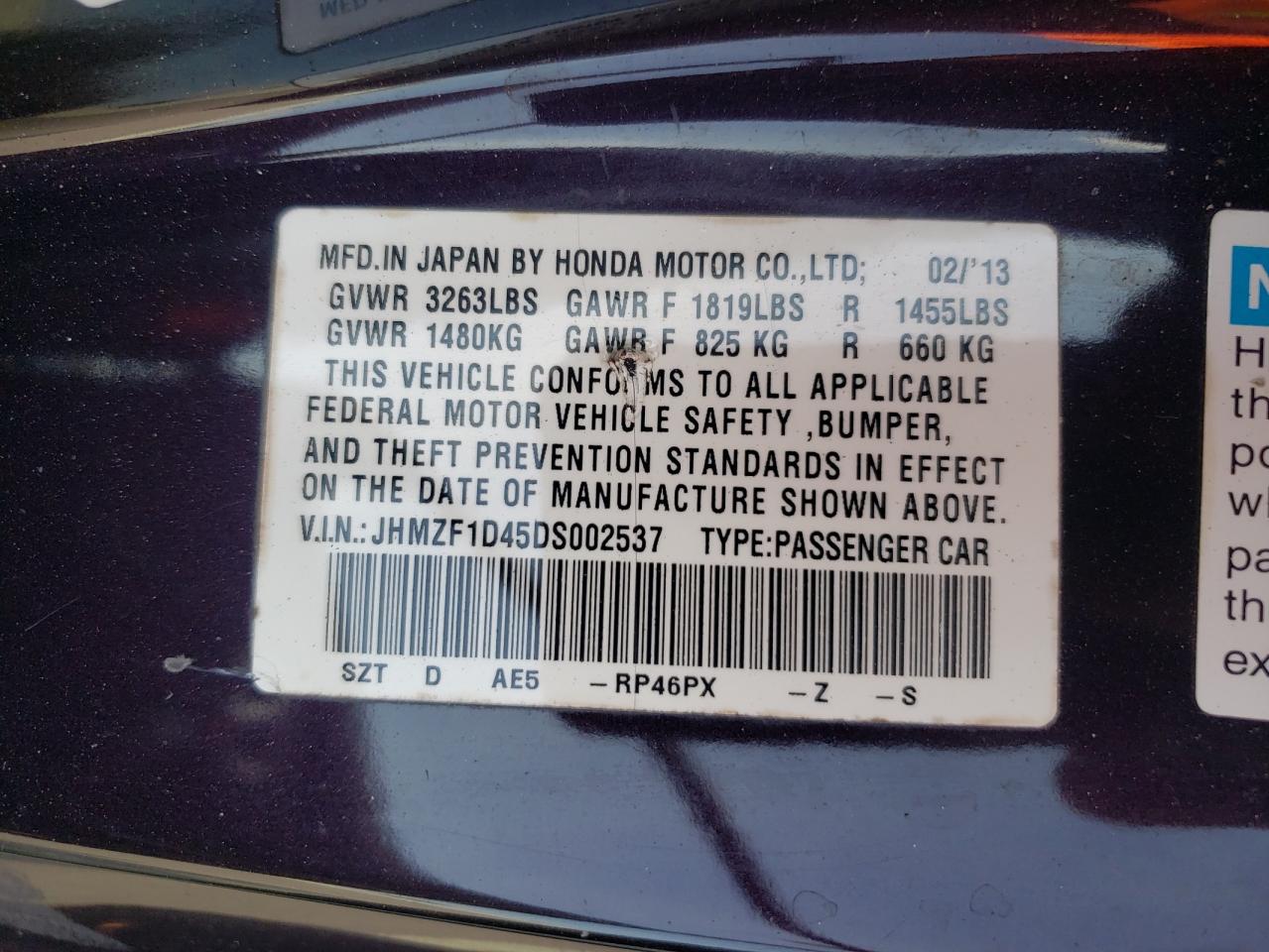 2013 Honda Cr-Z VIN: JHMZF1D45DS002537 Lot: 83860985