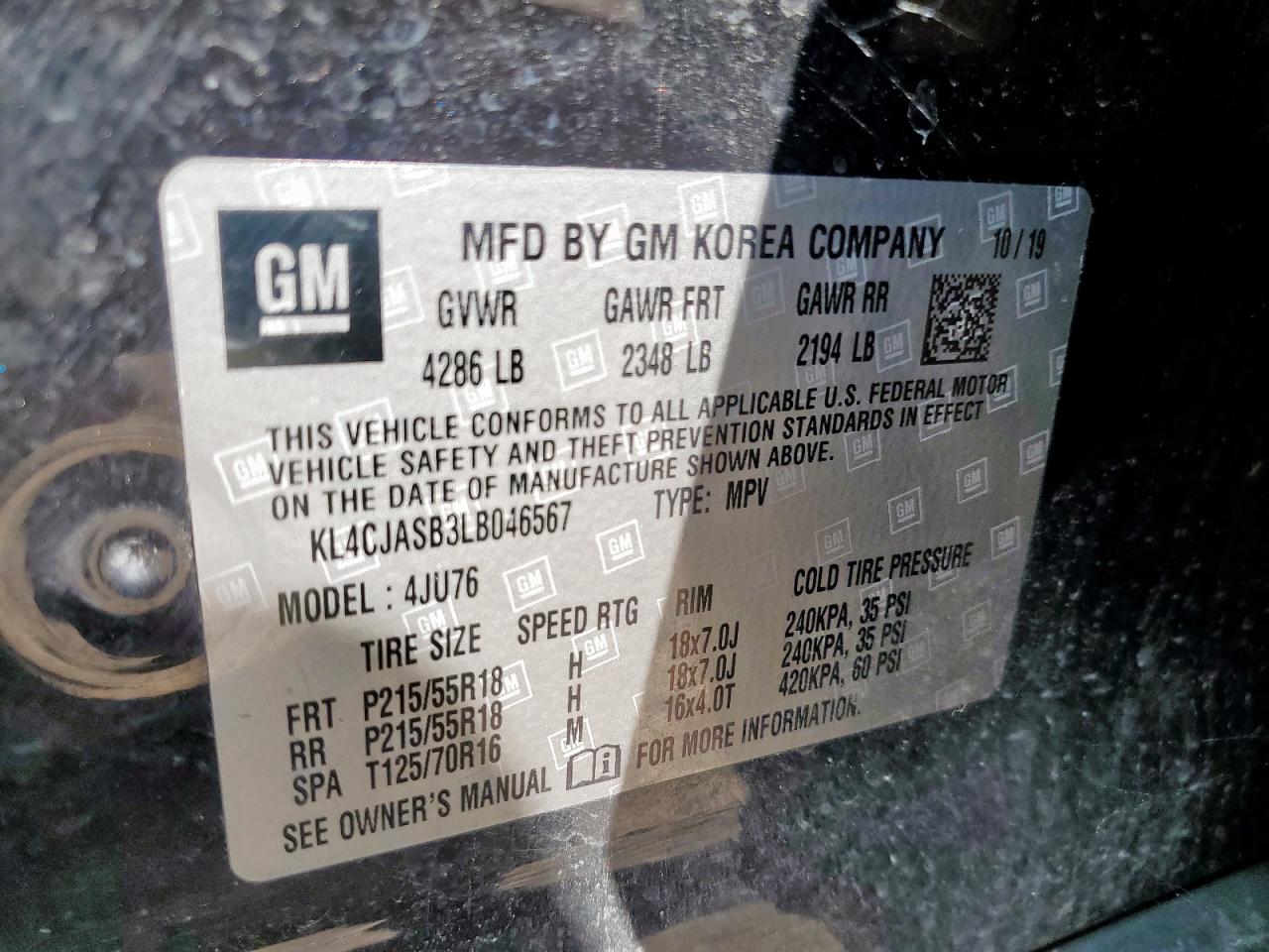 2020 Buick Encore Preferred VIN: KL4CJASB3LB046567 Lot: 84833645