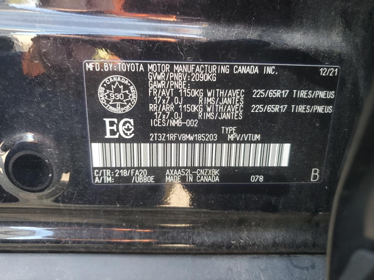 2021 Toyota Rav4 Le VIN: 2T3Z1RFV8MW185203 Lot: 68741465