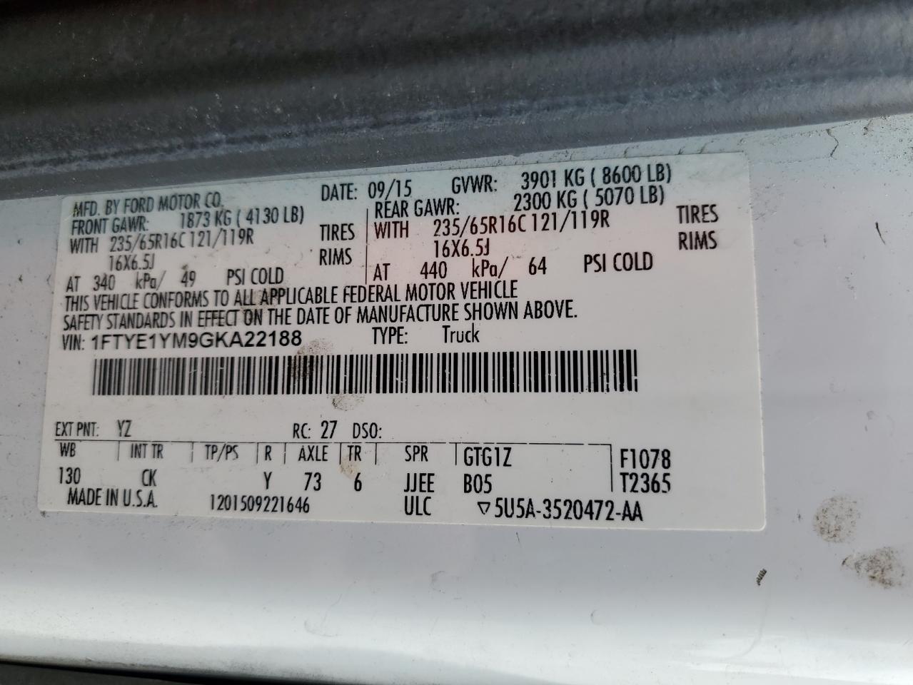 2016 Ford Transit T-150 VIN: 1FTYE1YM9GKA22188 Lot: 80564035