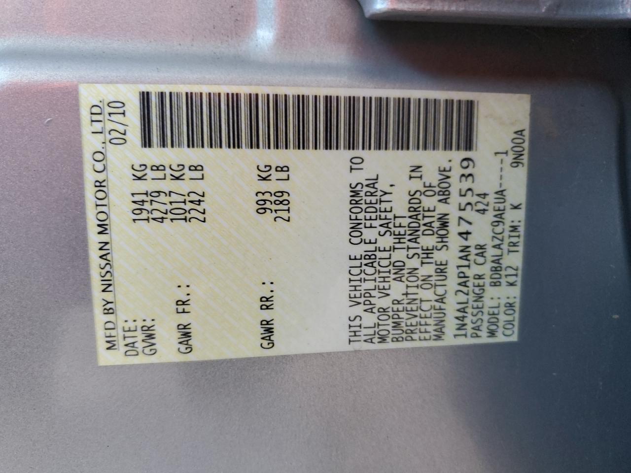 2010 Nissan Altima Base VIN: 1N4AL2AP1AN475539 Lot: 71930155