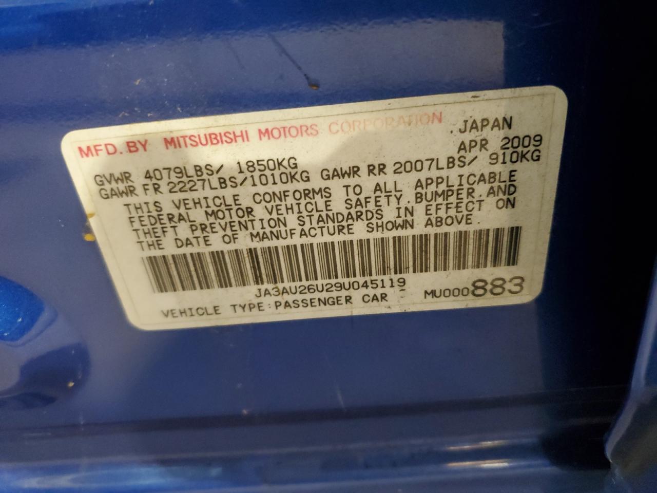 2009 Mitsubishi Lancer Es/Es Sport VIN: JA3AU26U29U045119 Lot: 72042215