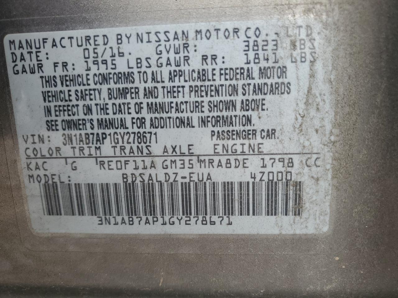 2016 Nissan Sentra S VIN: 3N1AB7AP1GY278671 Lot: 83930425