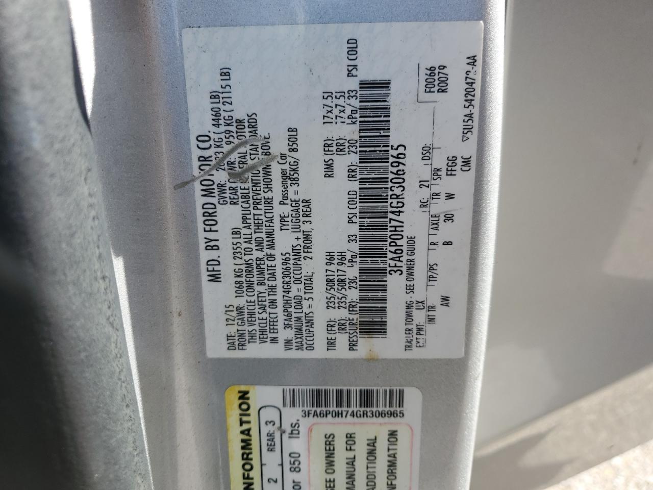 2016 Ford Fusion Se VIN: 3FA6P0H74GR306965 Lot: 71977115