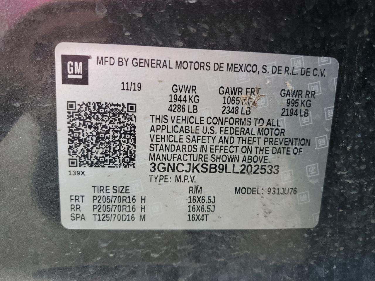 2020 Chevrolet Trax Ls VIN: 3GNCJKSB9LL202533 Lot: 83945175