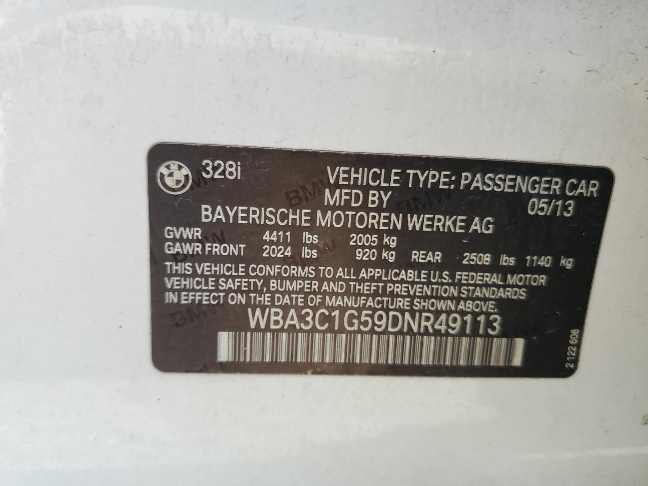 2013 BMW 328 I Sulev VIN: WBA3C1G59DNR49113 Lot: 84172135