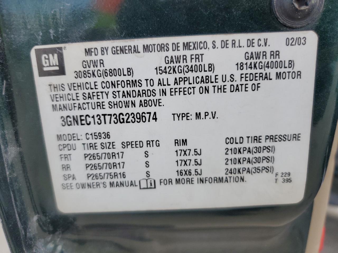 2003 Chevrolet Avalanche C1500 VIN: 3GNEC13T73G239674 Lot: 81622775