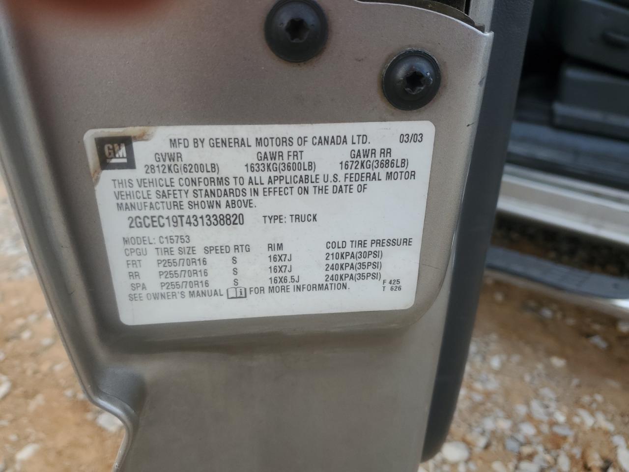 2003 Chevrolet Silverado C1500 VIN: 2GCEC19T431338820 Lot: 83818785