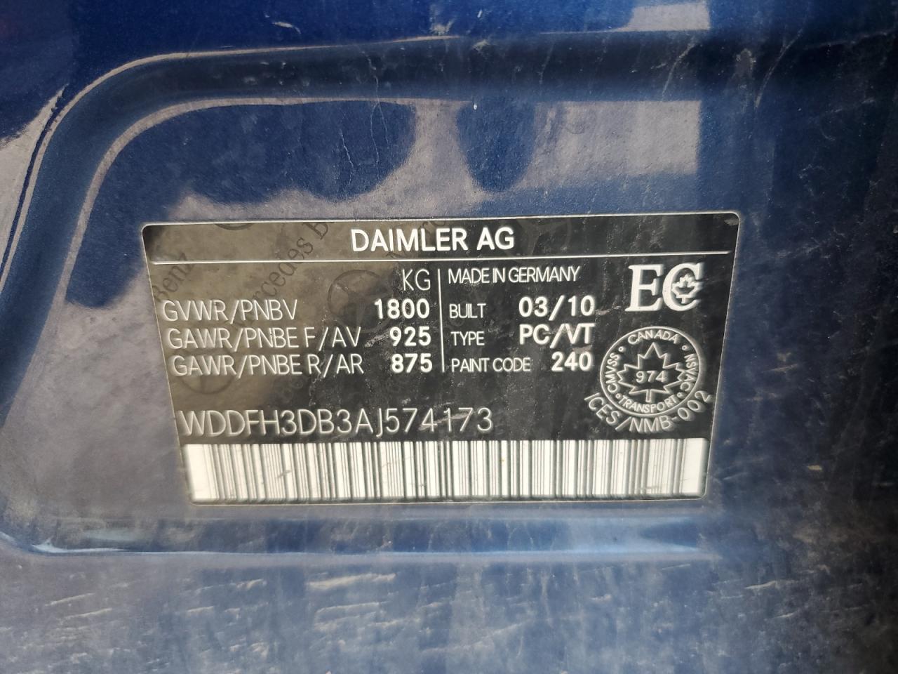 2010 Mercedes-Benz B200 VIN: WDDFH3DB3AJ574173 Lot: 71683415