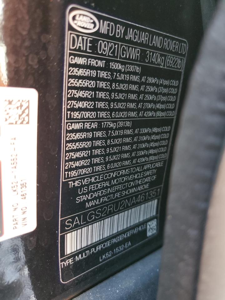 2022 Land Rover Range Rover Hse Westminster Edition VIN: SALGS2RU2NA461351 Lot: 80688335