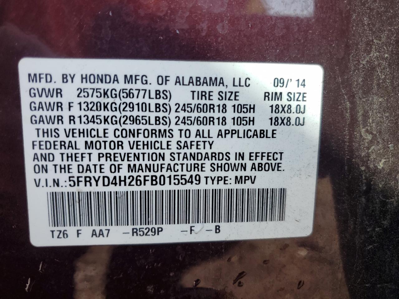 2015 Acura Mdx VIN: 5FRYD4H26FB015549 Lot: 80088905