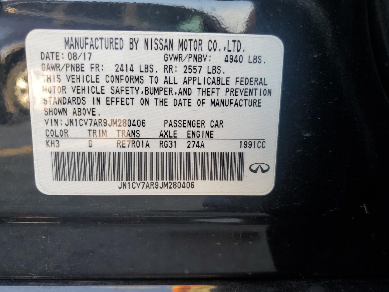 2018 Infiniti Q50 Pure VIN: JN1CV7AR9JM280406 Lot: 71493985