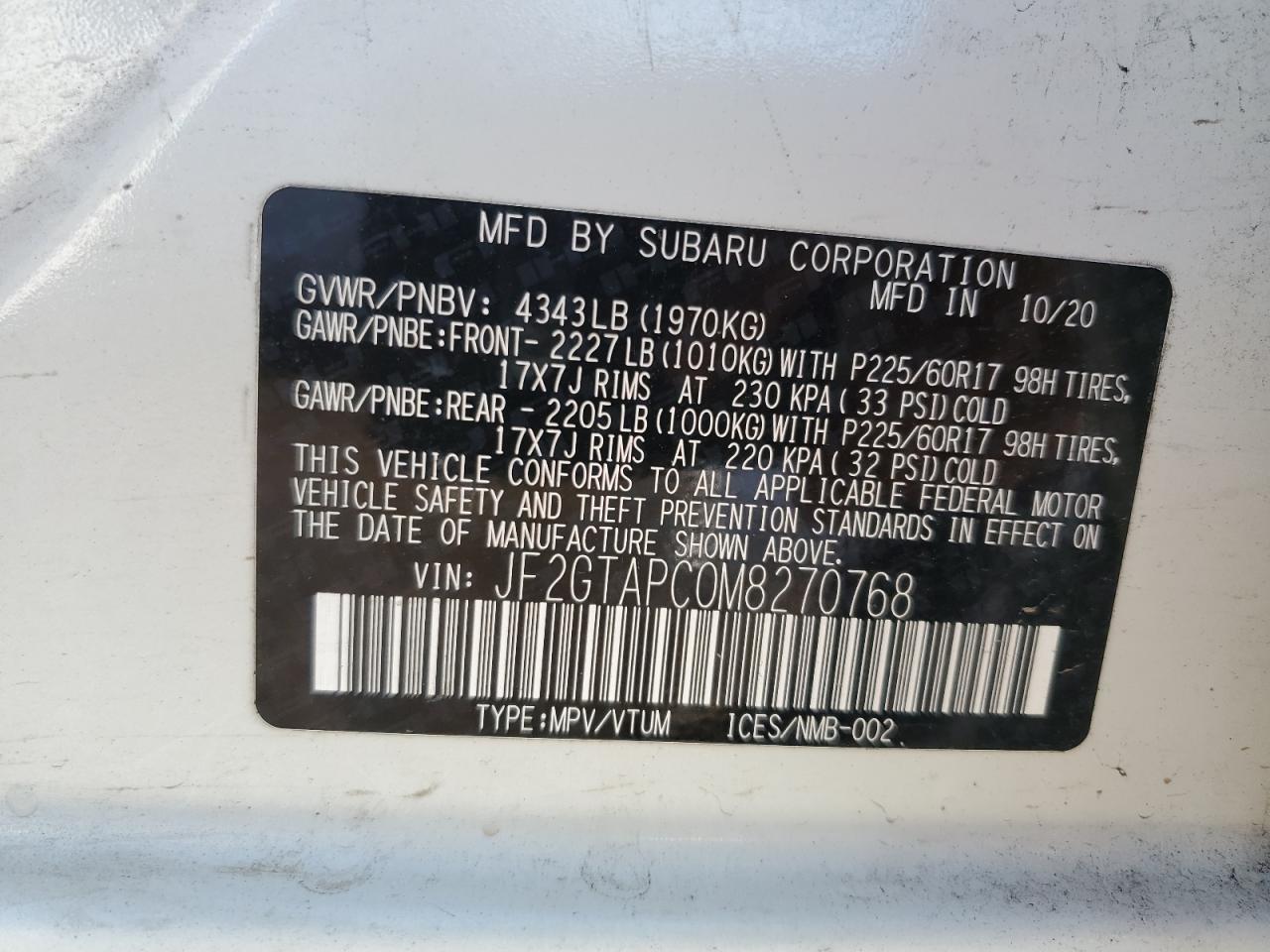 2021 Subaru Crosstrek Premium VIN: JF2GTAPC0M8270768 Lot: 81237665
