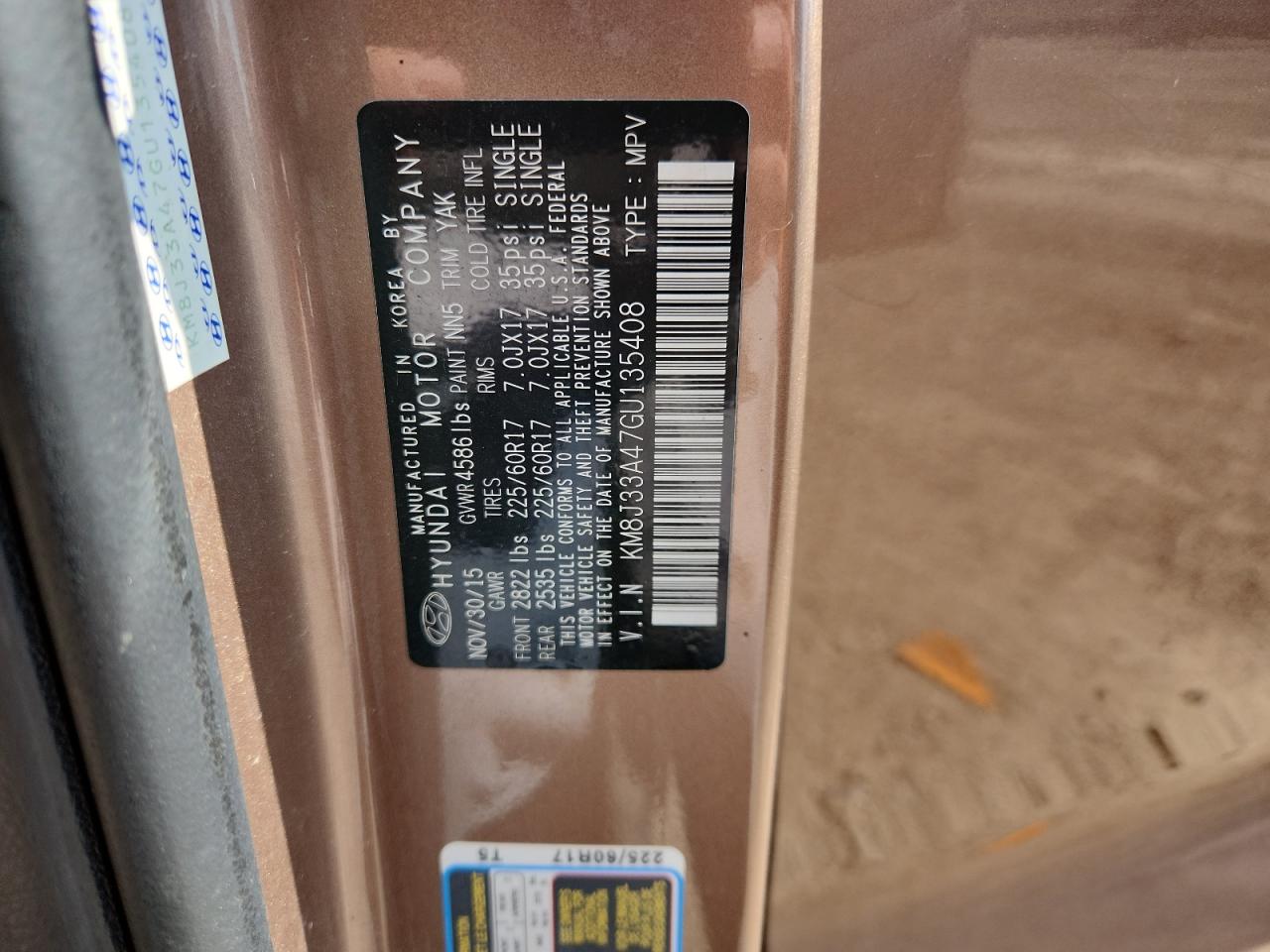 2016 Hyundai Tucson Limited VIN: KM8J33A47GU135408 Lot: 71096375