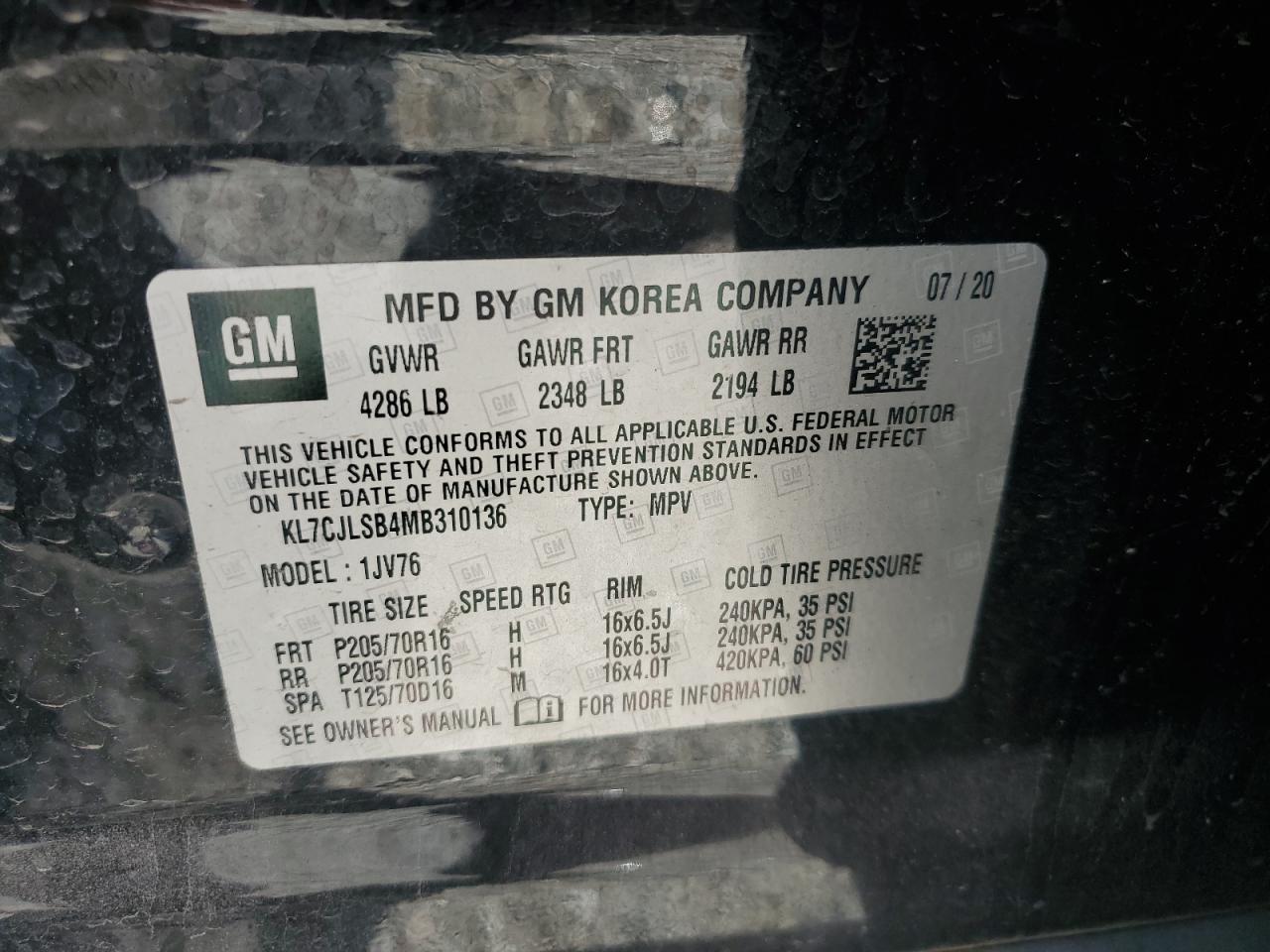 2021 Chevrolet Trax 1Lt VIN: KL7CJLSB4MB310136 Lot: 81715565