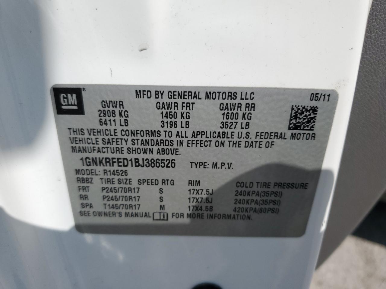 2011 Chevrolet Traverse Ls VIN: 1GNKRFED1BJ386526 Lot: 80832405