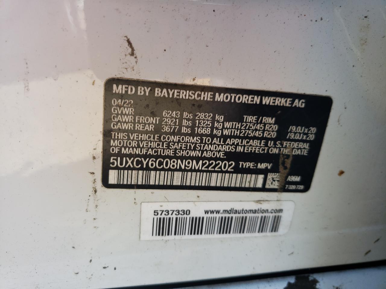 2022 BMW X6 xDrive40I VIN: 5UXCY6C08N9M22202 Lot: 71508725