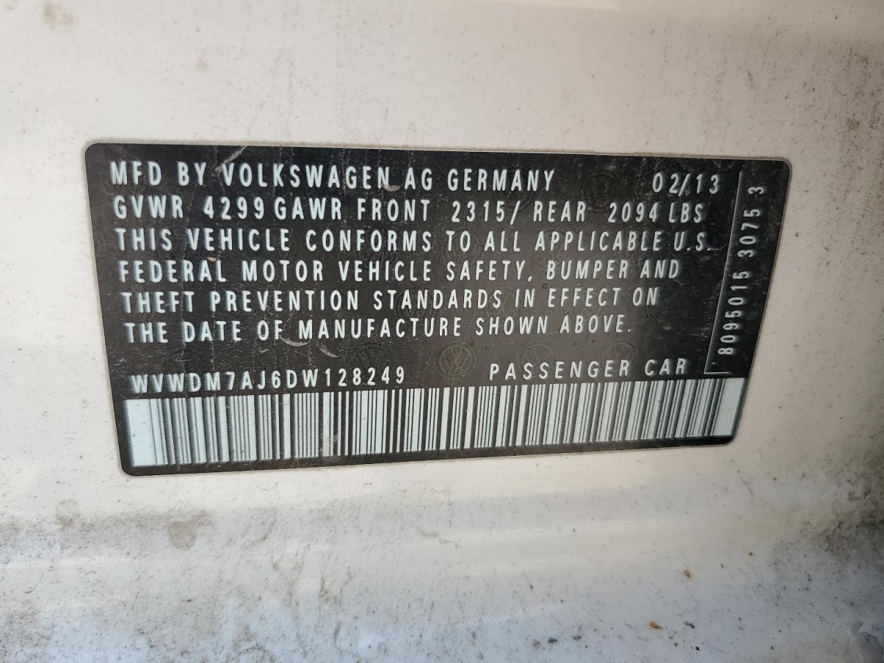 2013 Volkswagen Golf VIN: WVWDM7AJ6DW128249 Lot: 81113505