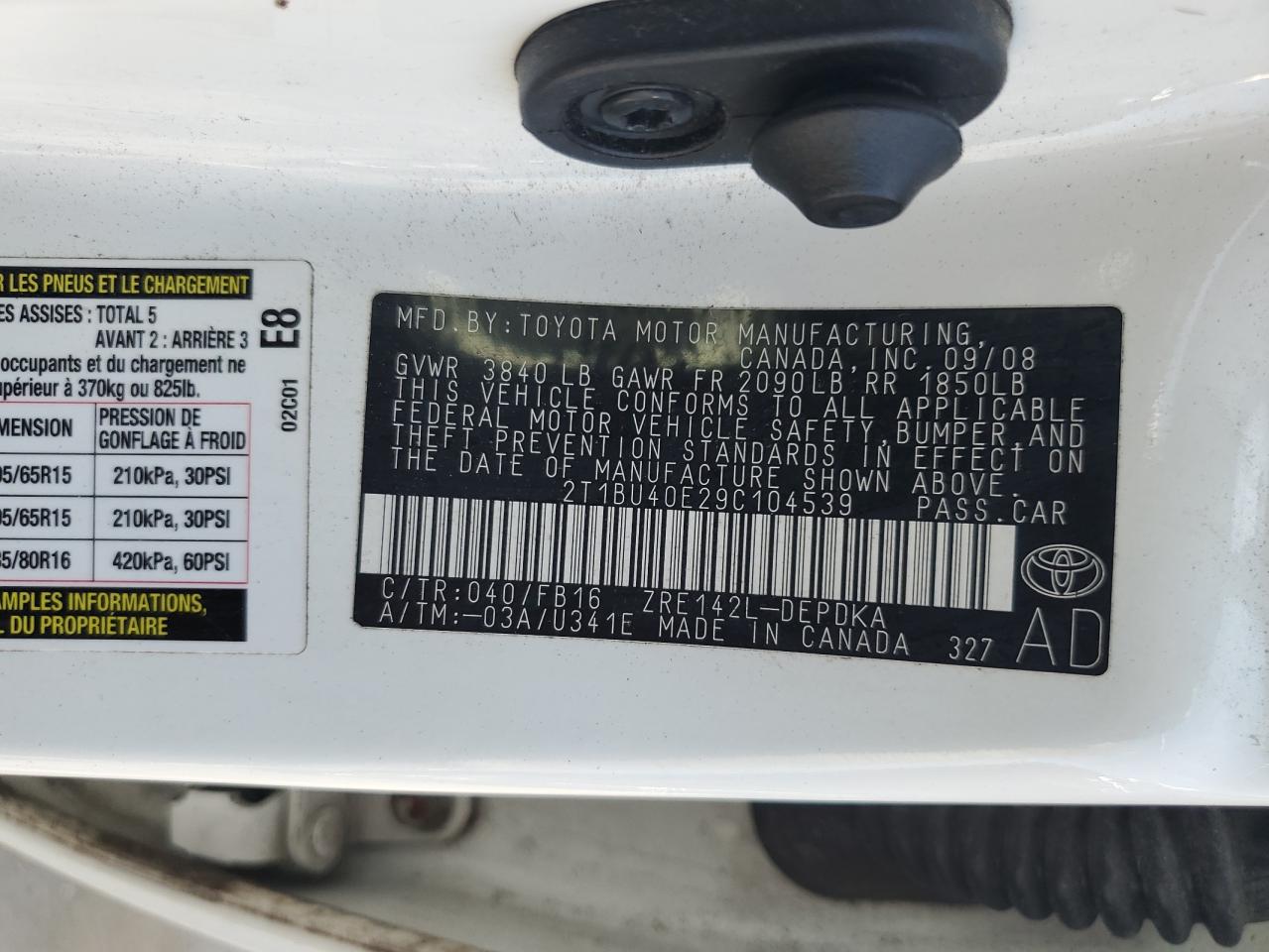 2009 Toyota Corolla Base VIN: 2T1BU40E29C104539 Lot: 80515435