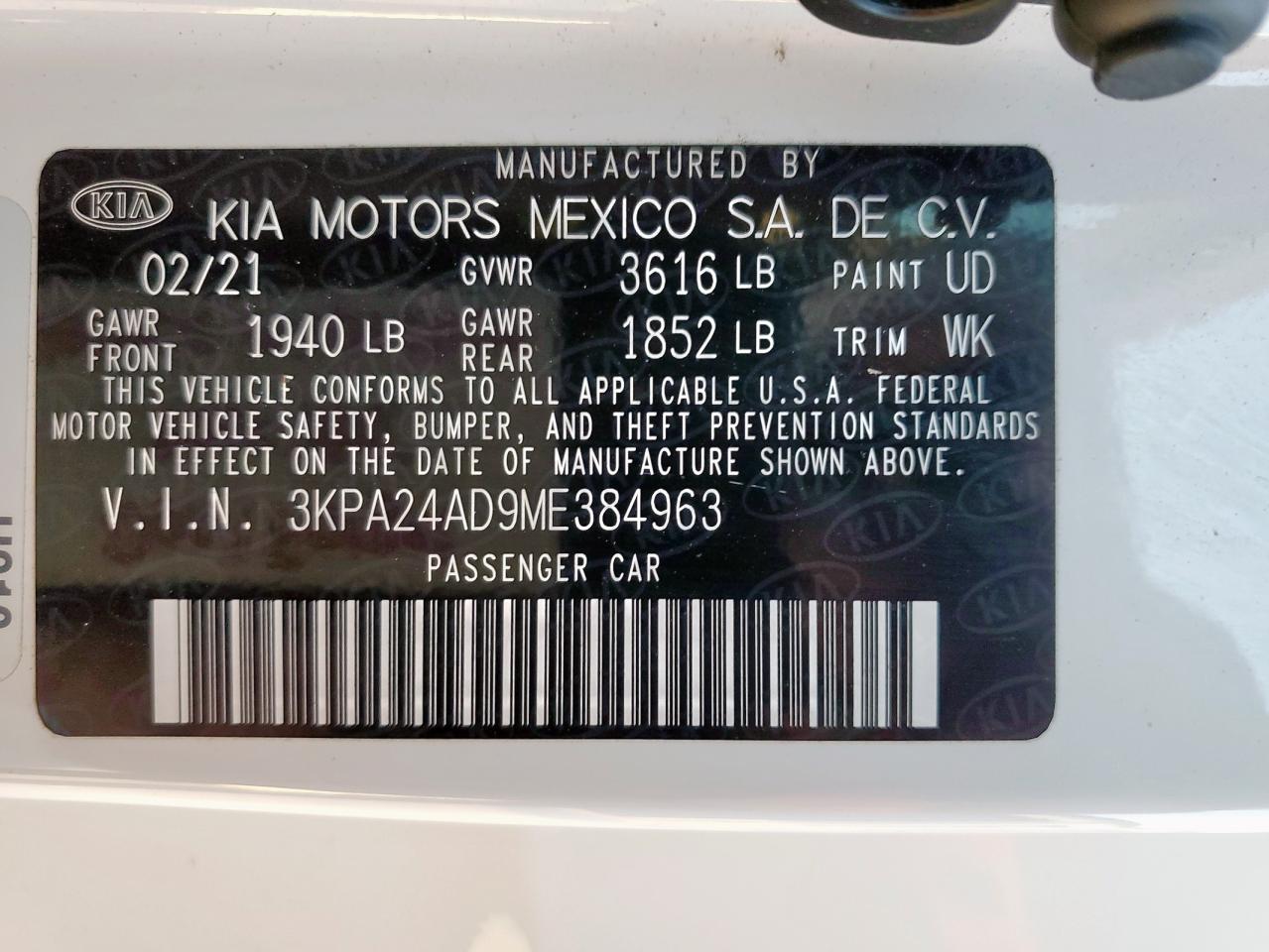 2021 Kia Rio Lx VIN: 3KPA24AD9ME384963 Lot: 71293805