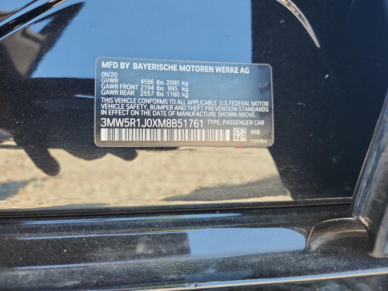2021 BMW 330I VIN: 3MW5R1J0XM8B51761 Lot: 71713245