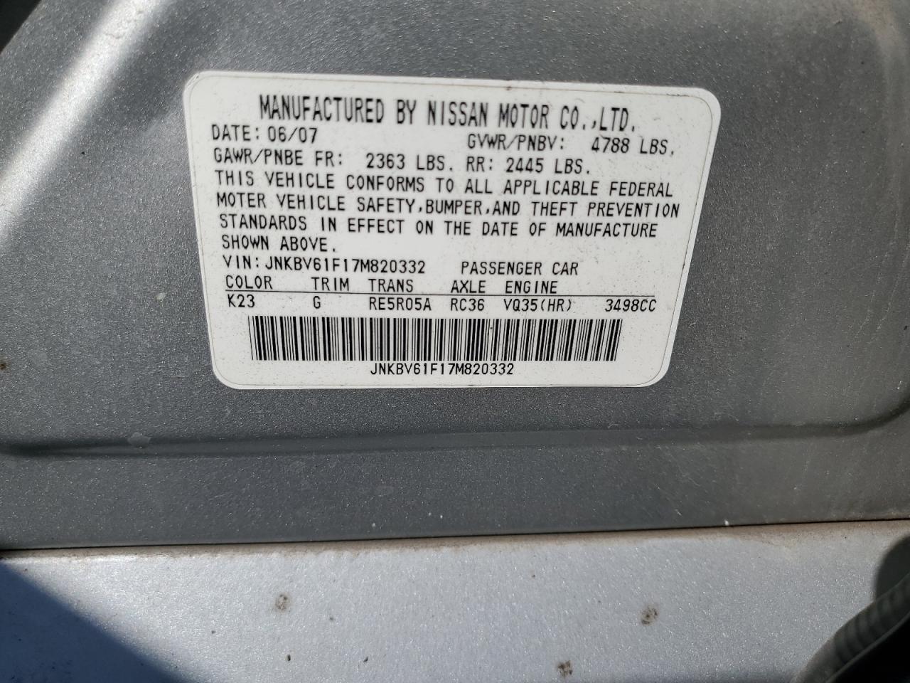 2007 Infiniti G35 VIN: JNKBV61F17M820332 Lot: 81222485