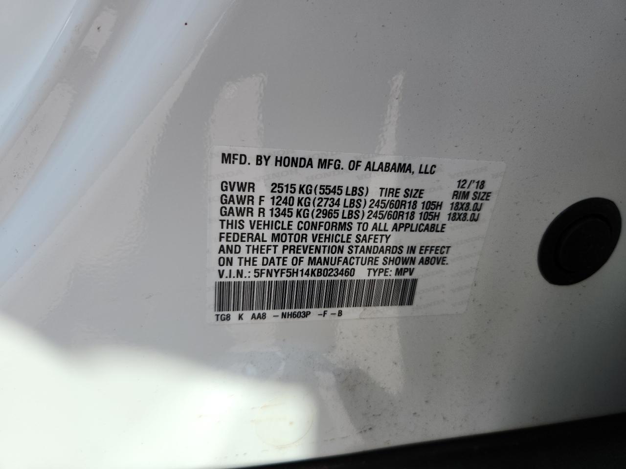 2019 Honda Pilot Lx VIN: 5FNYF5H14KB023460 Lot: 80277505