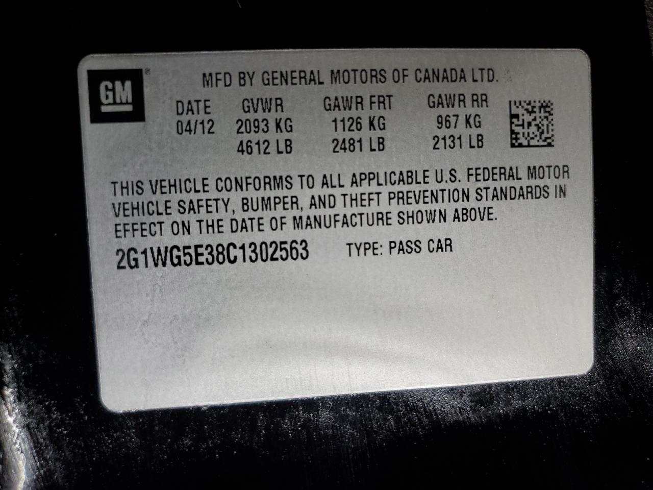 2012 Chevrolet Impala Lt VIN: 2G1WG5E38C1302563 Lot: 84434335